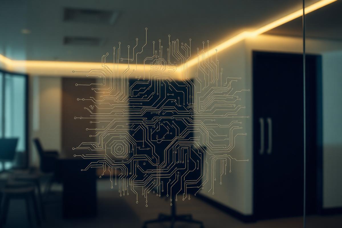 Abstract AI circuitry reflected on office glass