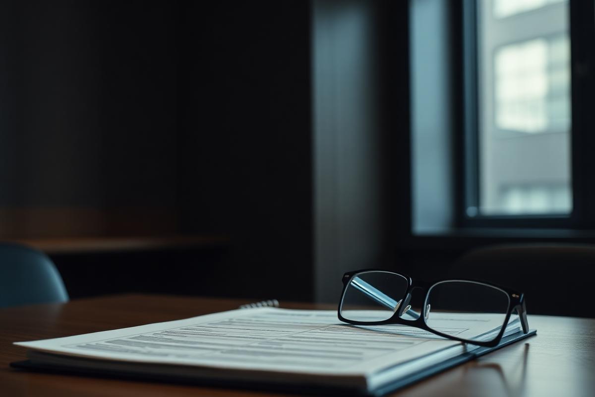 Compliance checklist binder and reading glasses in a boardroom