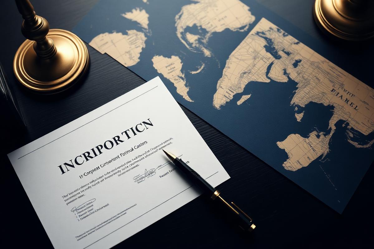 Incorporation documents, a pen and a world map on a desk