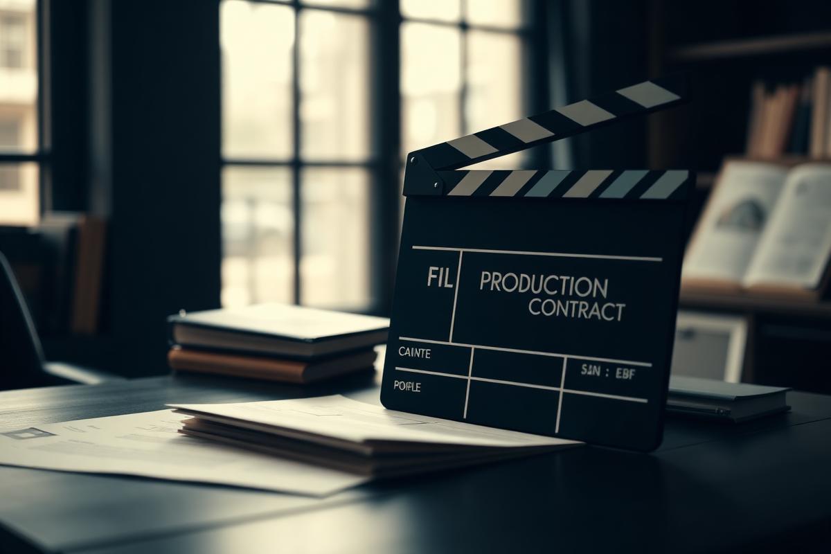 Film production contract documents and a clapperboard on a desk